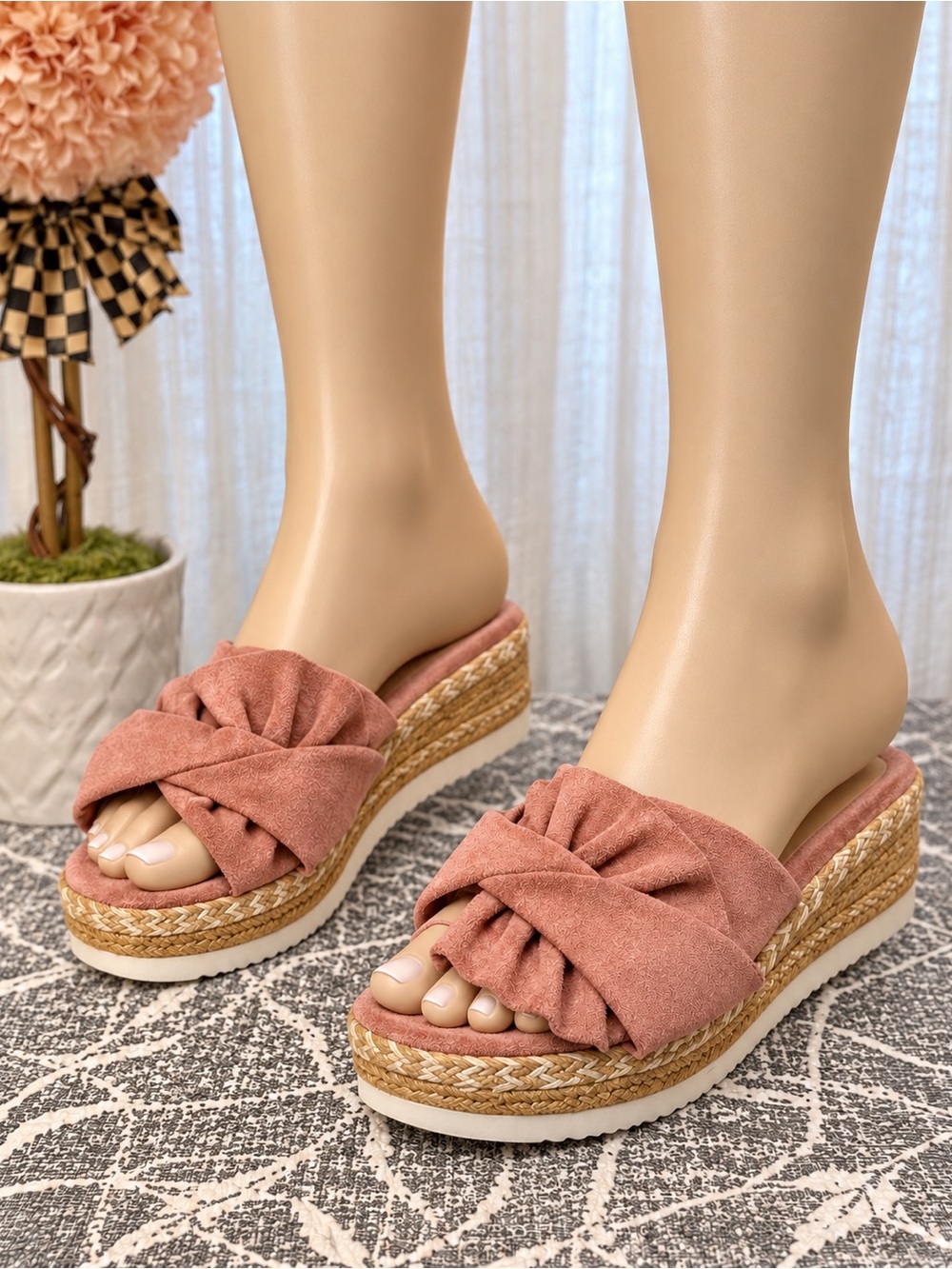 Women's Pink Knotted Espadrille Wedge Slide
